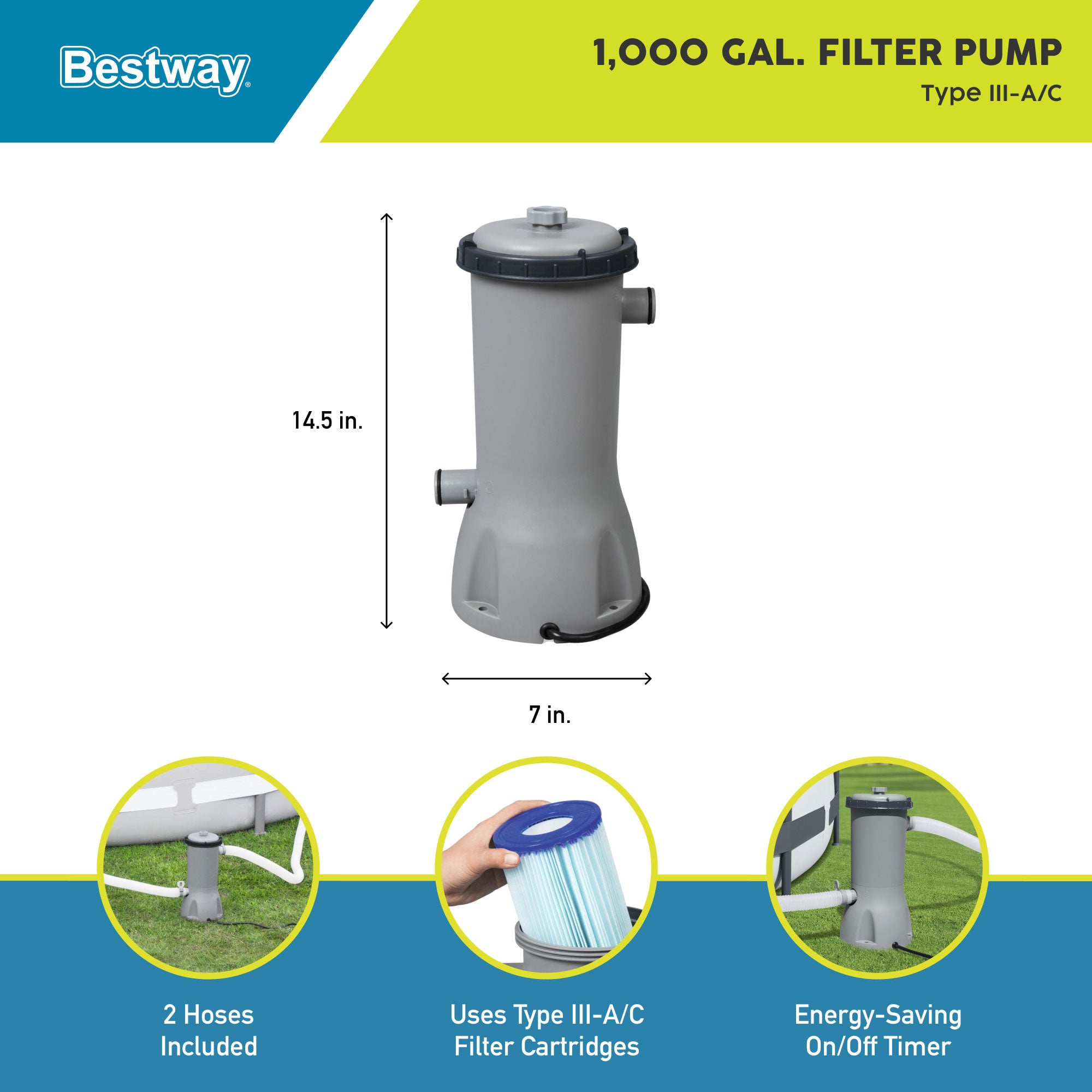 Bestway 1000 GPH Above Ground Swimming Pool Cartridge Filter Pump 120V w/ GFCI - VMInnovations