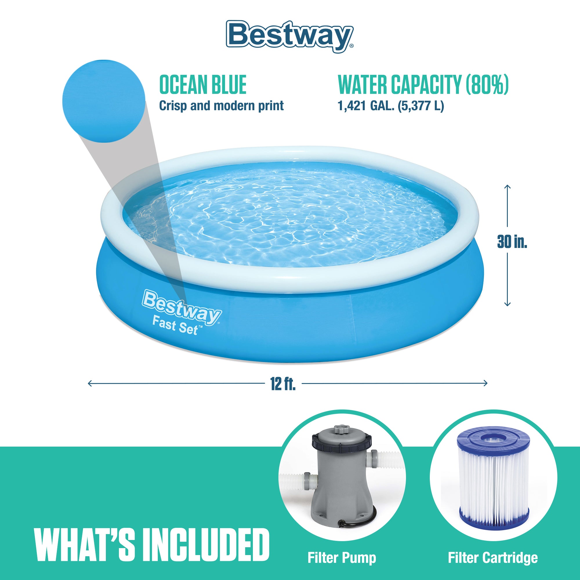 12' x 30" Fast Set Inflatable Above Ground Pool w/ Filter Pump(Open Box) - VMInnovations