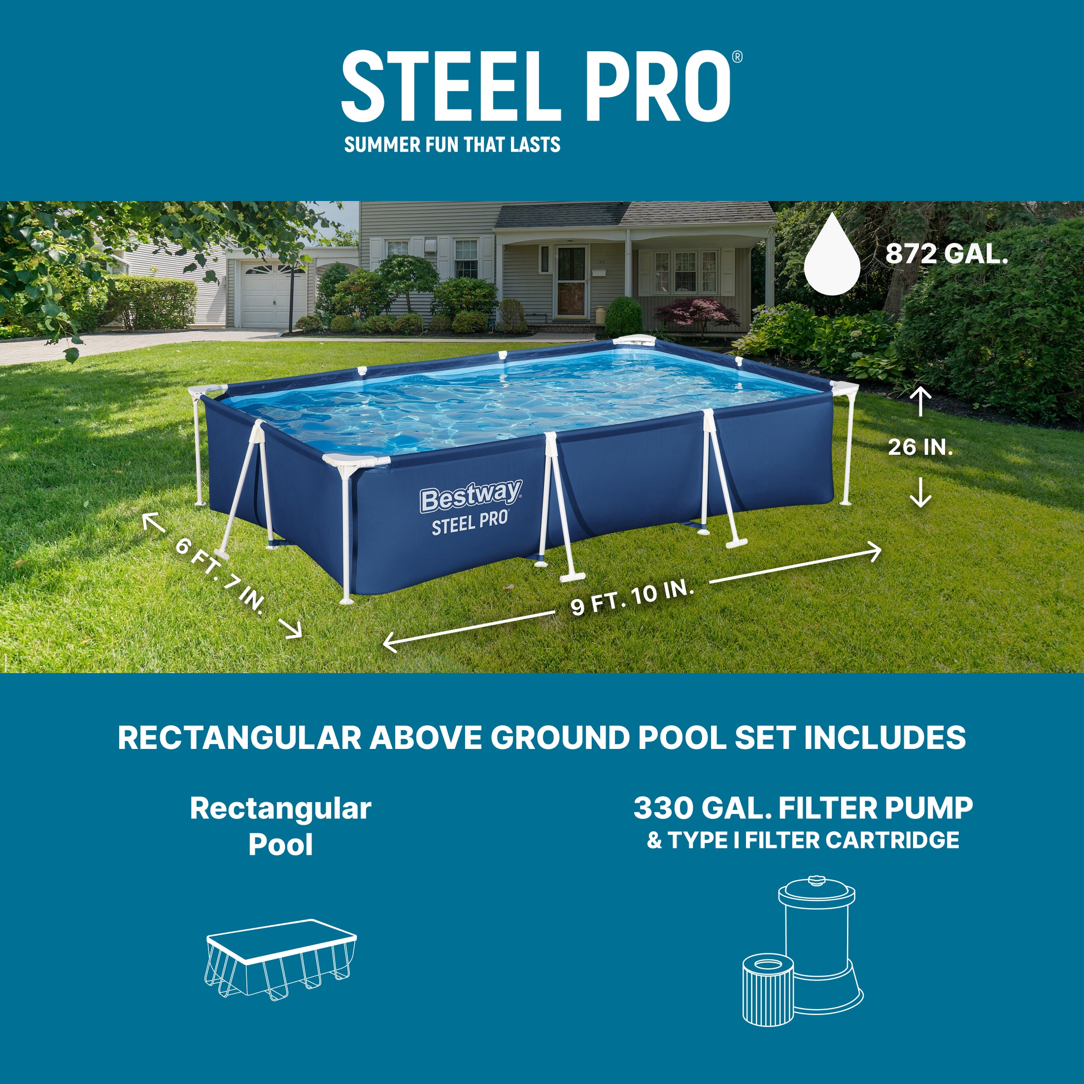 Bestway Steel Pro 9.8' x 6.6' x 26" Metal Frame Above Ground Pool w/ Filter Pump