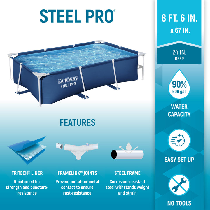 Bestway Steel Pro 8.5'x67"x24" Rectangular Above Ground Outdoor Swimming Pool