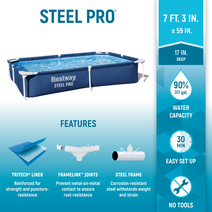 Bestway 7.25ft x 5ft x 17in Steel Pro Rectangular Above Ground Pool (For Parts)