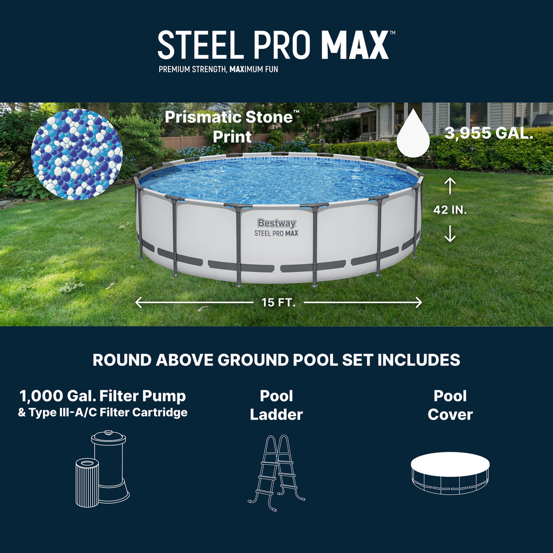 Bestway Steel Pro MAX 15'x42" Round Above Ground Swimming Pool with Pump & Cover