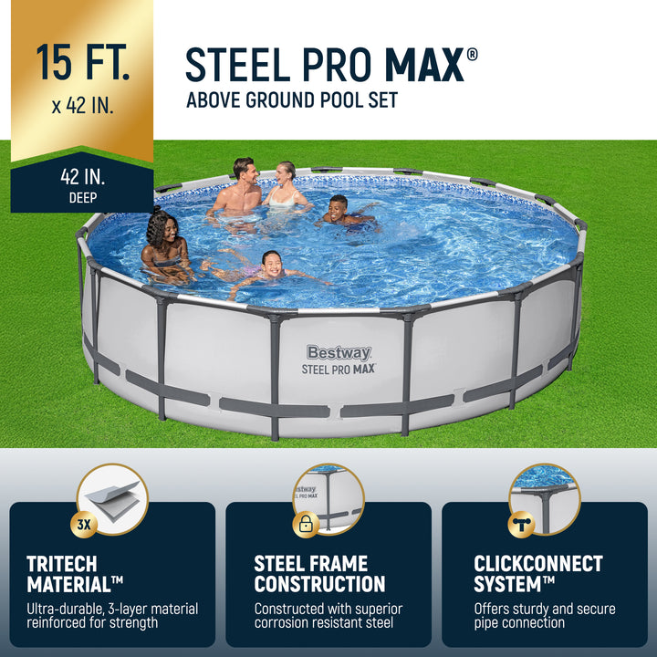 Bestway Steel Pro MAX 15'x42" Round Above Ground Swimming Pool with Pump & Cover