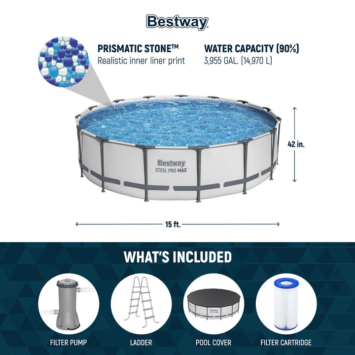 Bestway Steel Pro MAX 15'x42" Round Above Ground Swimming Pool with Pump & Cover