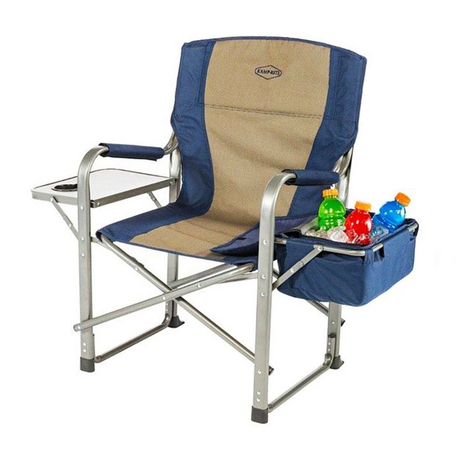 Kamp-Rite Portable Director's Chair w/Cooler, Cup Holder, & Side Table, Navy/Tan - VMInnovations