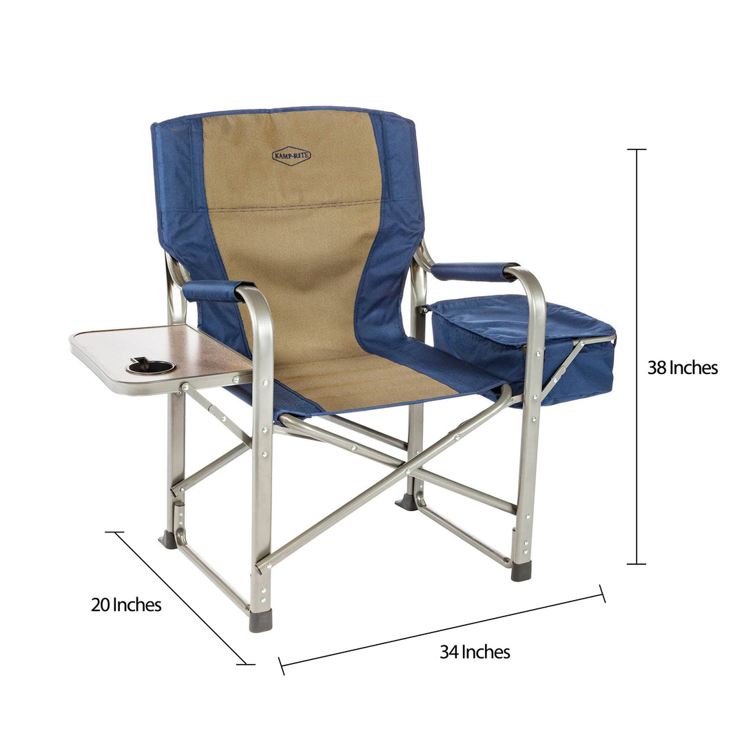 Kamp-Rite Portable Director's Chair w/Cooler, Cup Holder, & Side Table, Navy/Tan