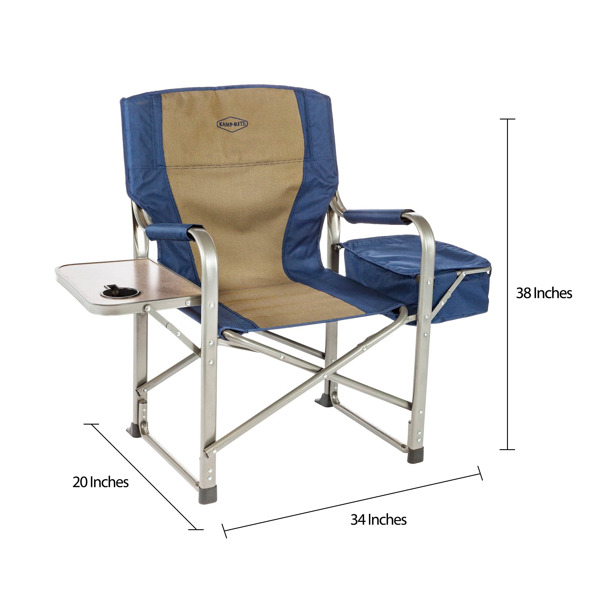 Kamp-Rite Portable Director's Chair w/Cooler, Cup Holder, & Side Table, Navy/Tan - VMInnovations