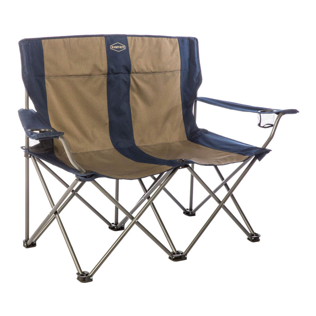 Kamp-Rite Portable Folding Outdoor Double Camping Lawn Beach Chair, Navy/Tan