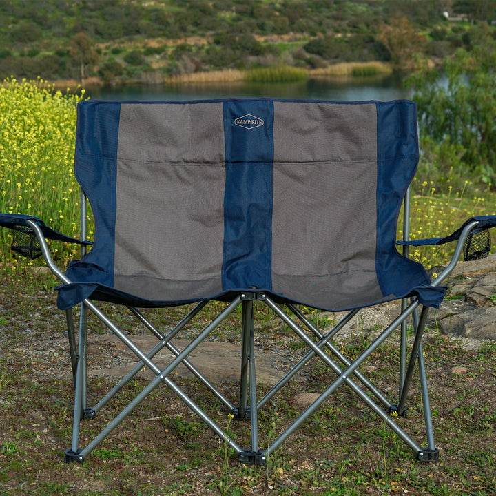 Kamp-Rite Portable Folding Outdoor Double Camping Lawn Beach Chair, Navy/Tan