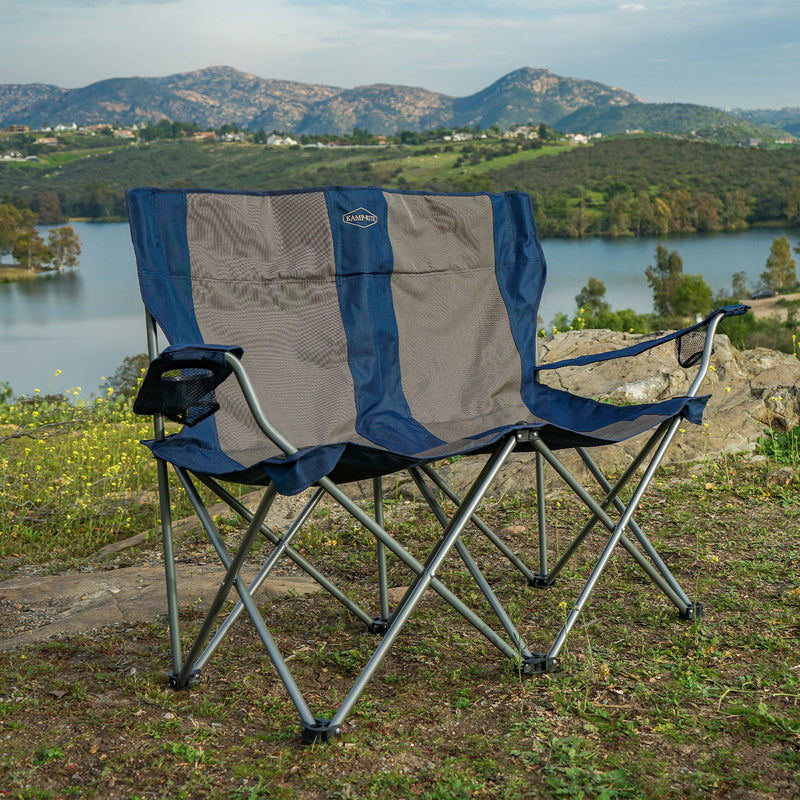 Kamp-Rite Portable Folding Outdoor Double Camping Lawn Beach Chair, Navy/Tan