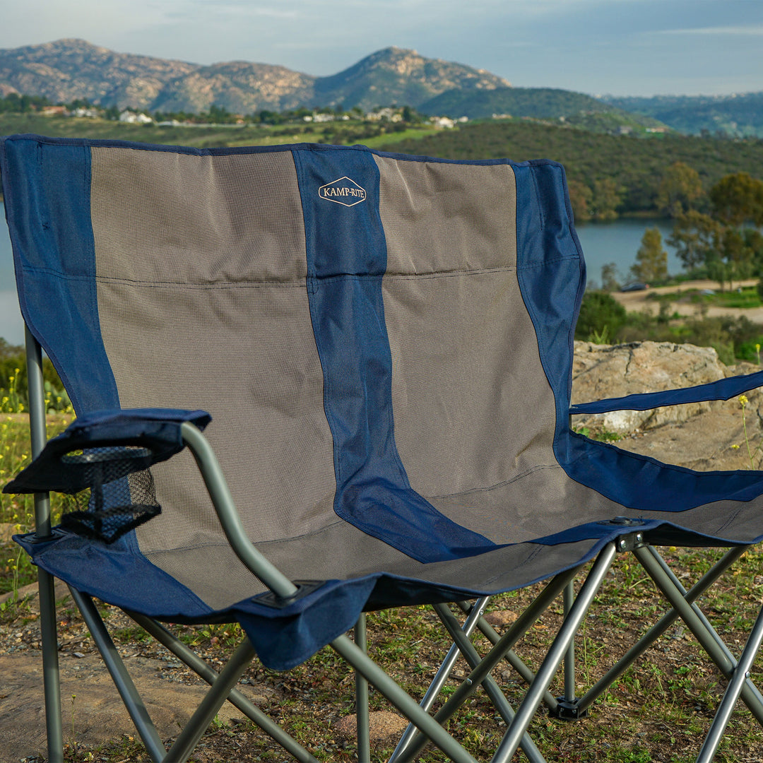 Kamp-Rite Portable Folding Outdoor Double Camping Lawn Beach Chair, Navy/Tan