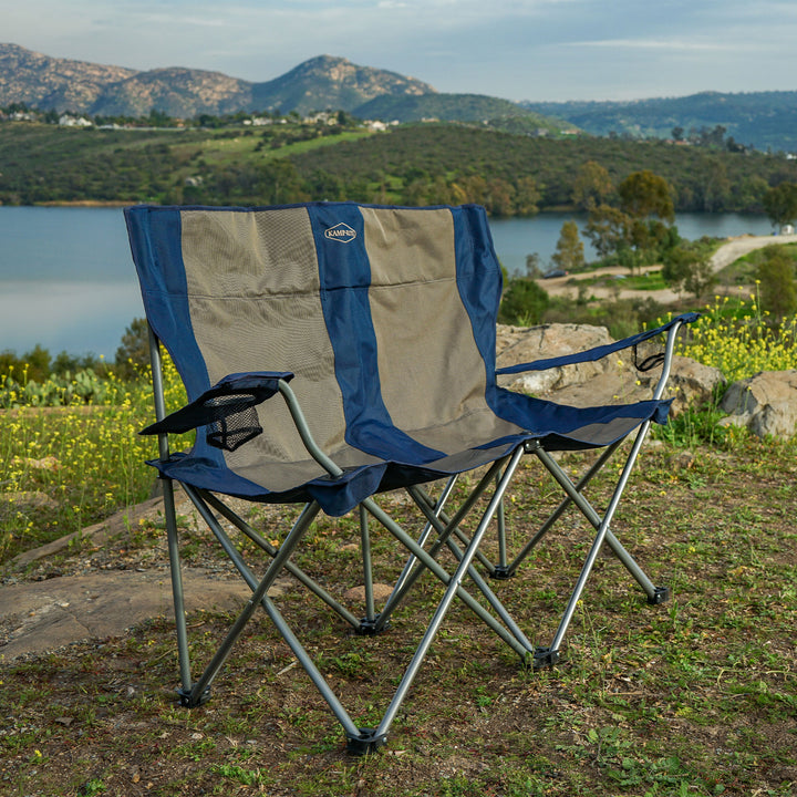 Kamp-Rite Portable Folding Outdoor Double Camping Lawn Beach Chair, Navy/Tan