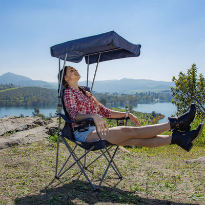 Kamp-Rite Folding Camp Chair w/Shade Canopy & Cupholders, Navy/Tan (For Parts)