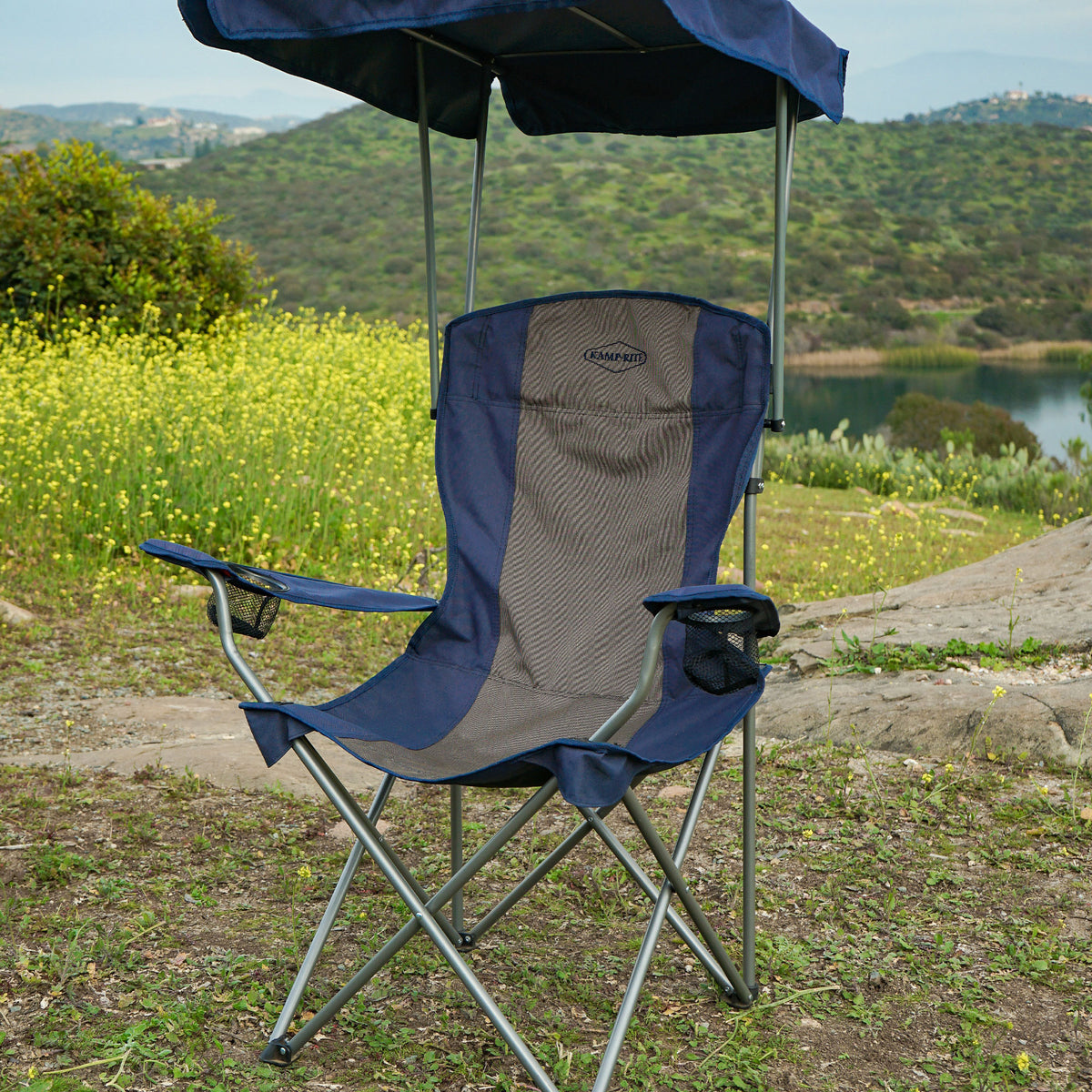 Kamp-Rite Folding Camp Chair w/Shade Canopy & Cupholders, Navy/Tan (For Parts)