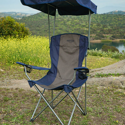 Kamp-Rite Folding Camp Chair w/Shade Canopy & Cupholders, Navy/Tan (For Parts)