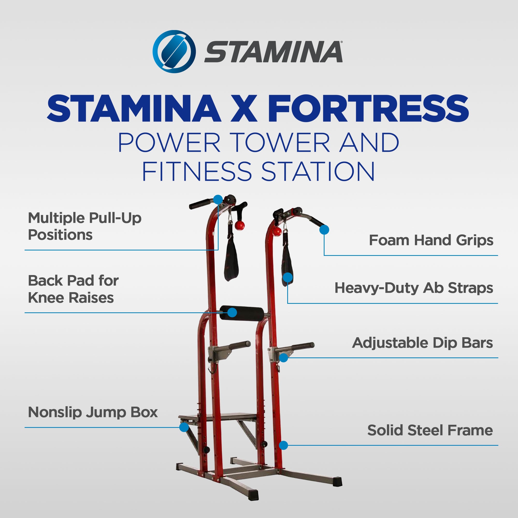 Stamina X Fortress Power Tower Home Gym Pull Up Fitness Workout Station, Red - VMInnovations