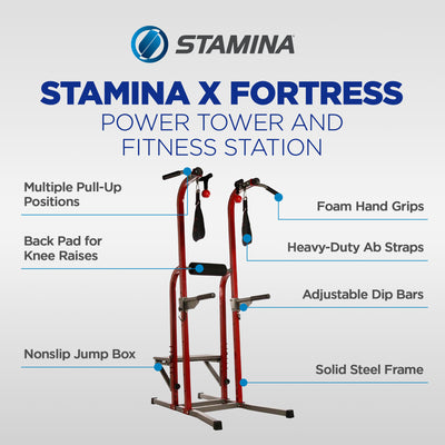 Stamina X Fortress Power Tower Home Gym Pull Up Fitness Workout Station, Red - VMInnovations