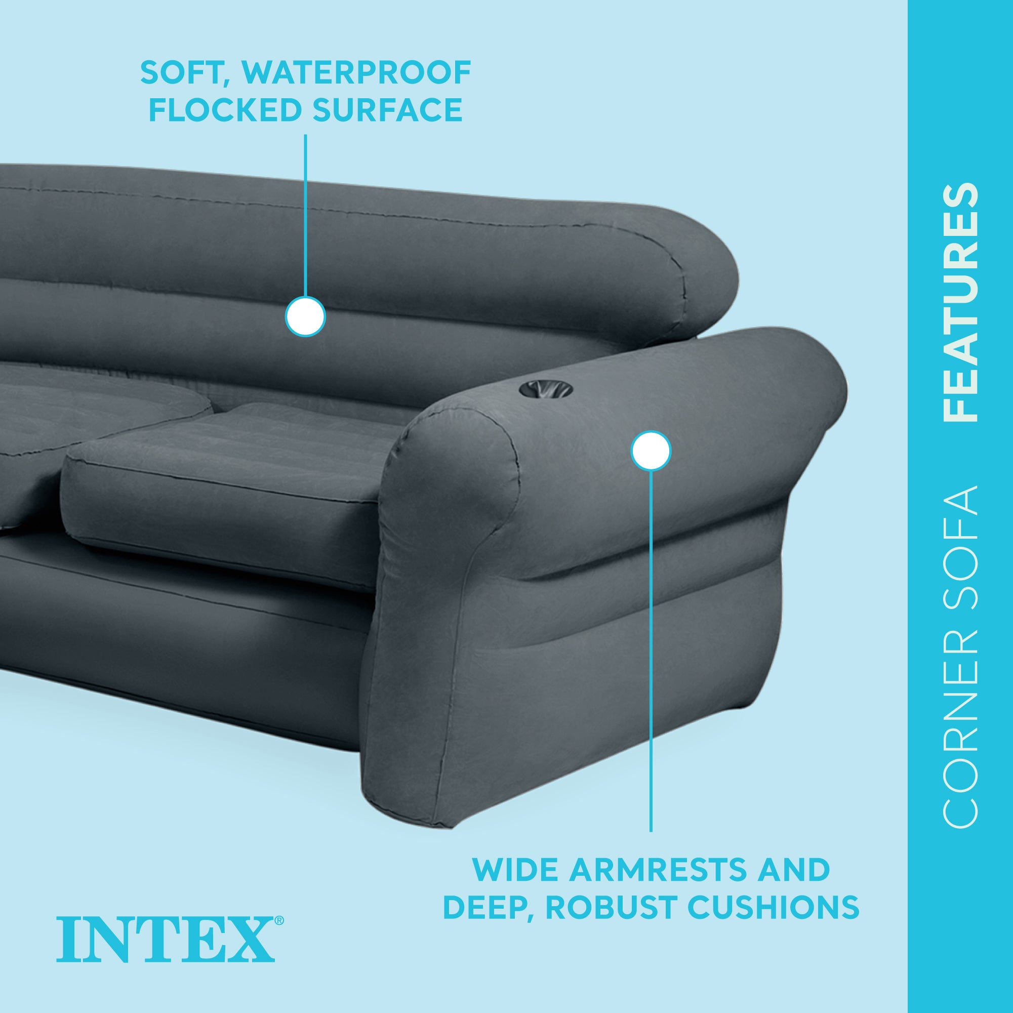 Intex Inflatable Indoor Corner Couch with Cupholders and Electric Air Pump