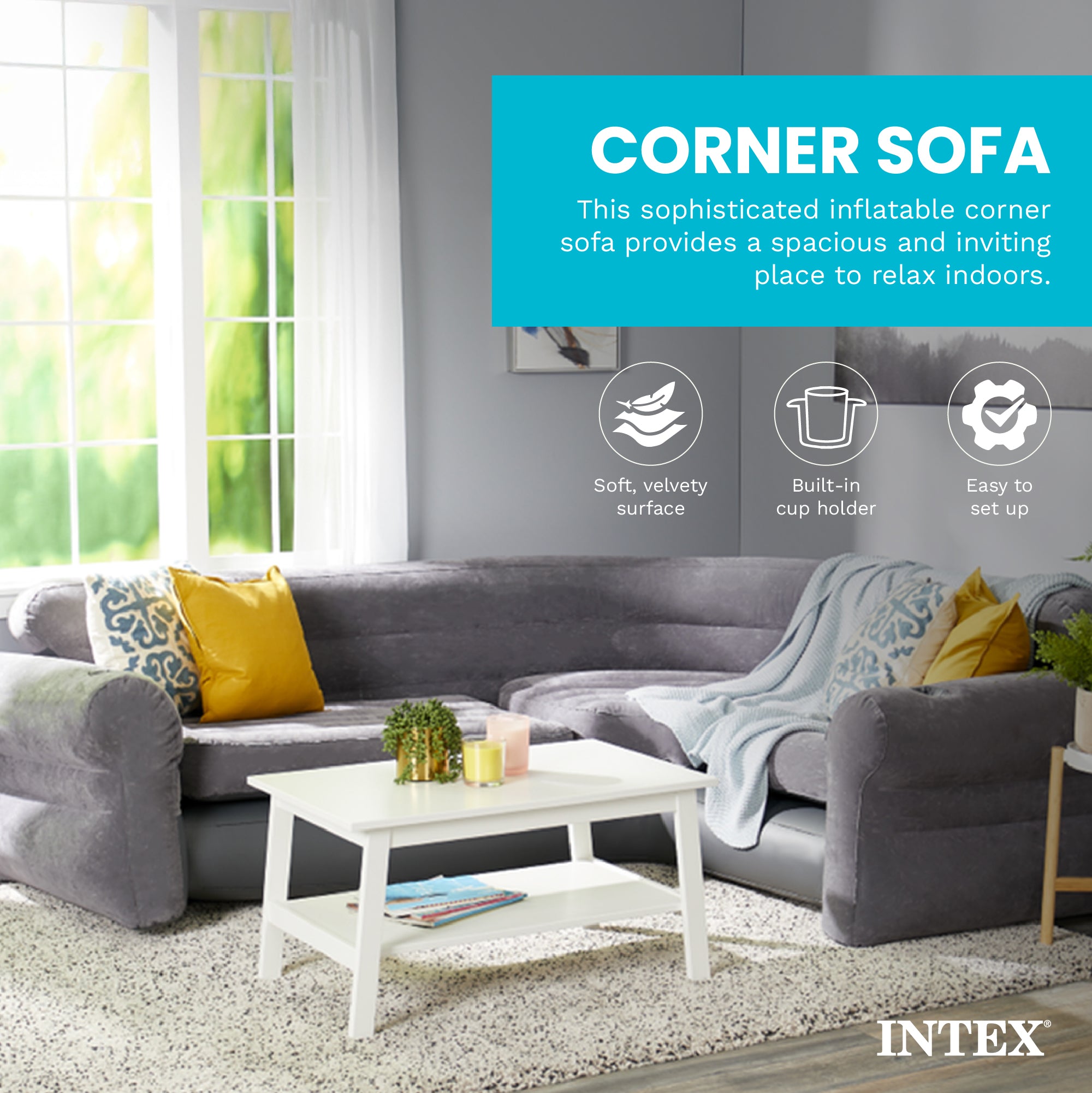 Intex Inflatable Corner Living Room Air Mattress Sectional Sofa Couch, Gray - VMInnovations