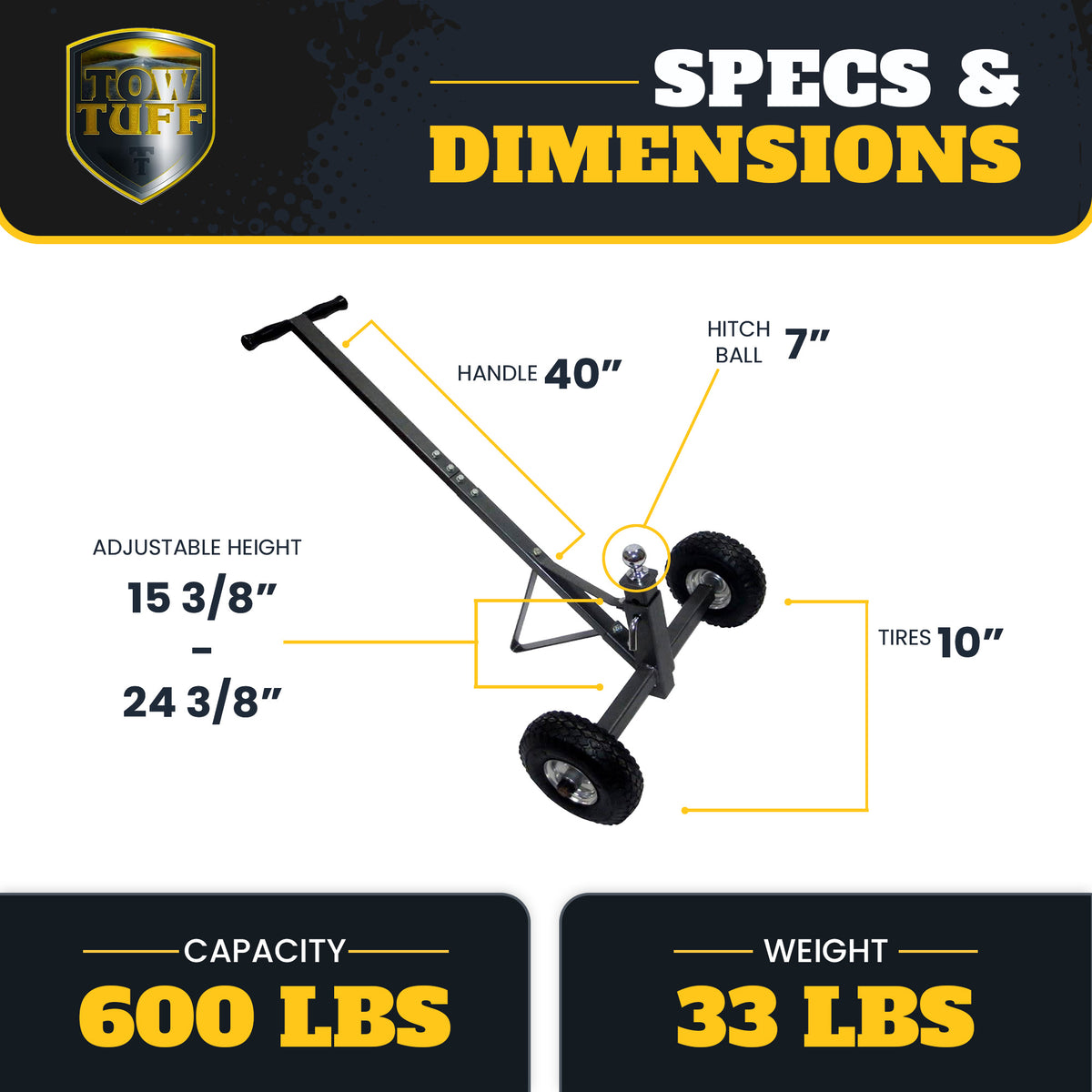Tow Tuff TMD-600AFF Adjustable Solid Steel 600 Pound Capacity Trailer Dolly