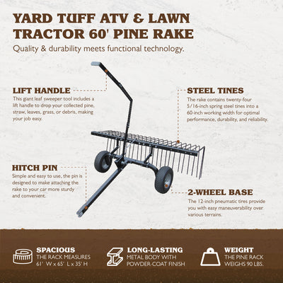 Yard Tuff 60" Pine Straw ATV Tow Behind Steel Landscape Rake w/ Wheels & Handle