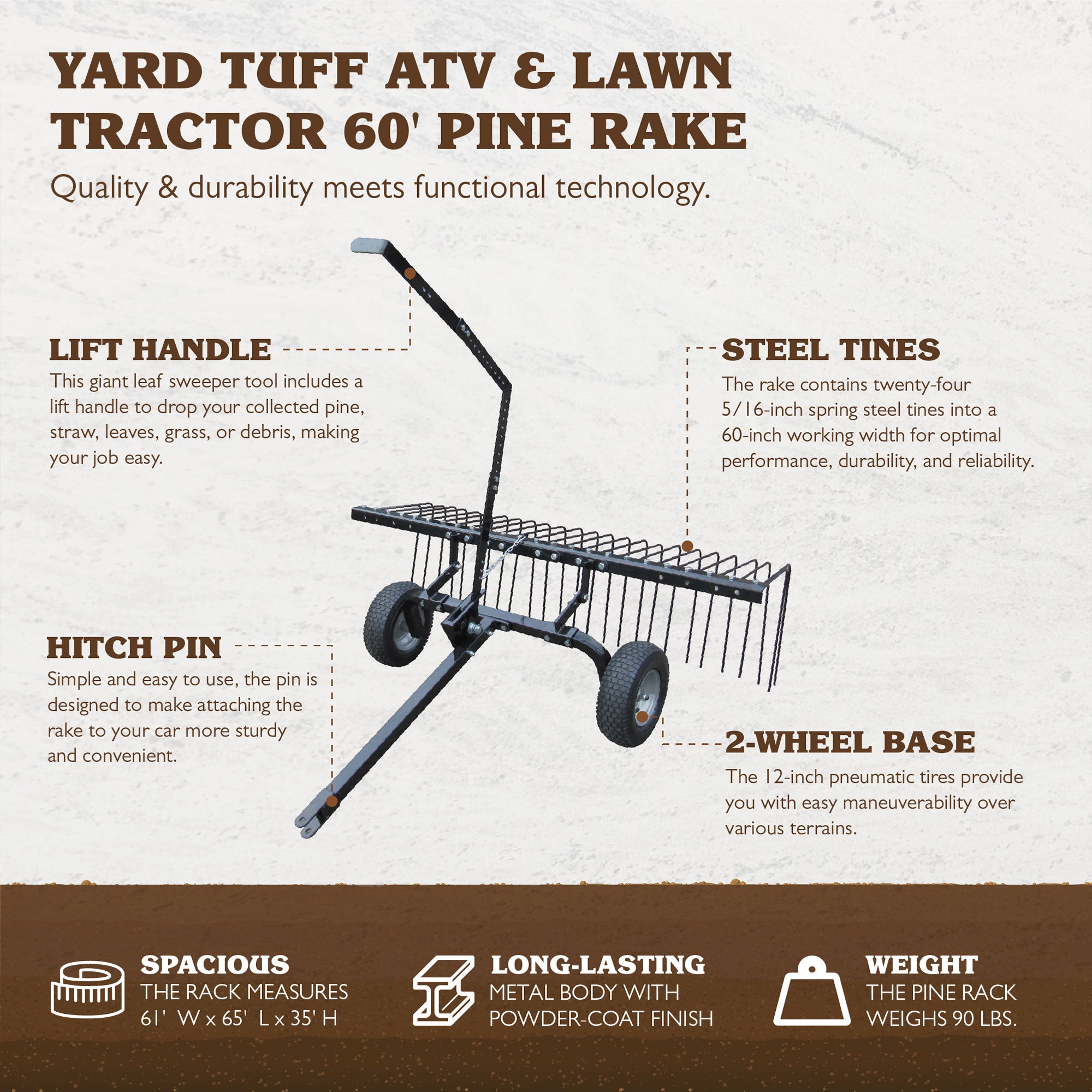 Yard Tuff 60" Pine Straw Outdoor Garden Rake for ATV / UTV (Open Box) - VMInnovations