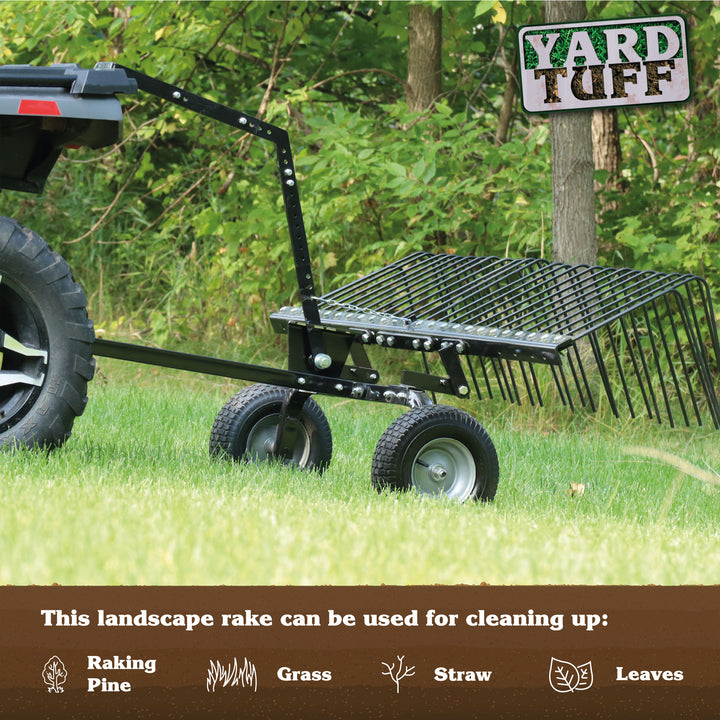 Yard Tuff 60" ATV Tow Behind Steel Lawn Landscape Rake w/ Wheels & Handle