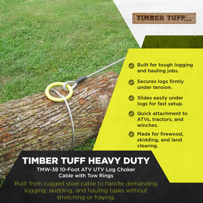 Timber Tuff ATV and UTV Heavy Duty Log Lumber Choker Cable w/ Tow Rings (2 Pack)