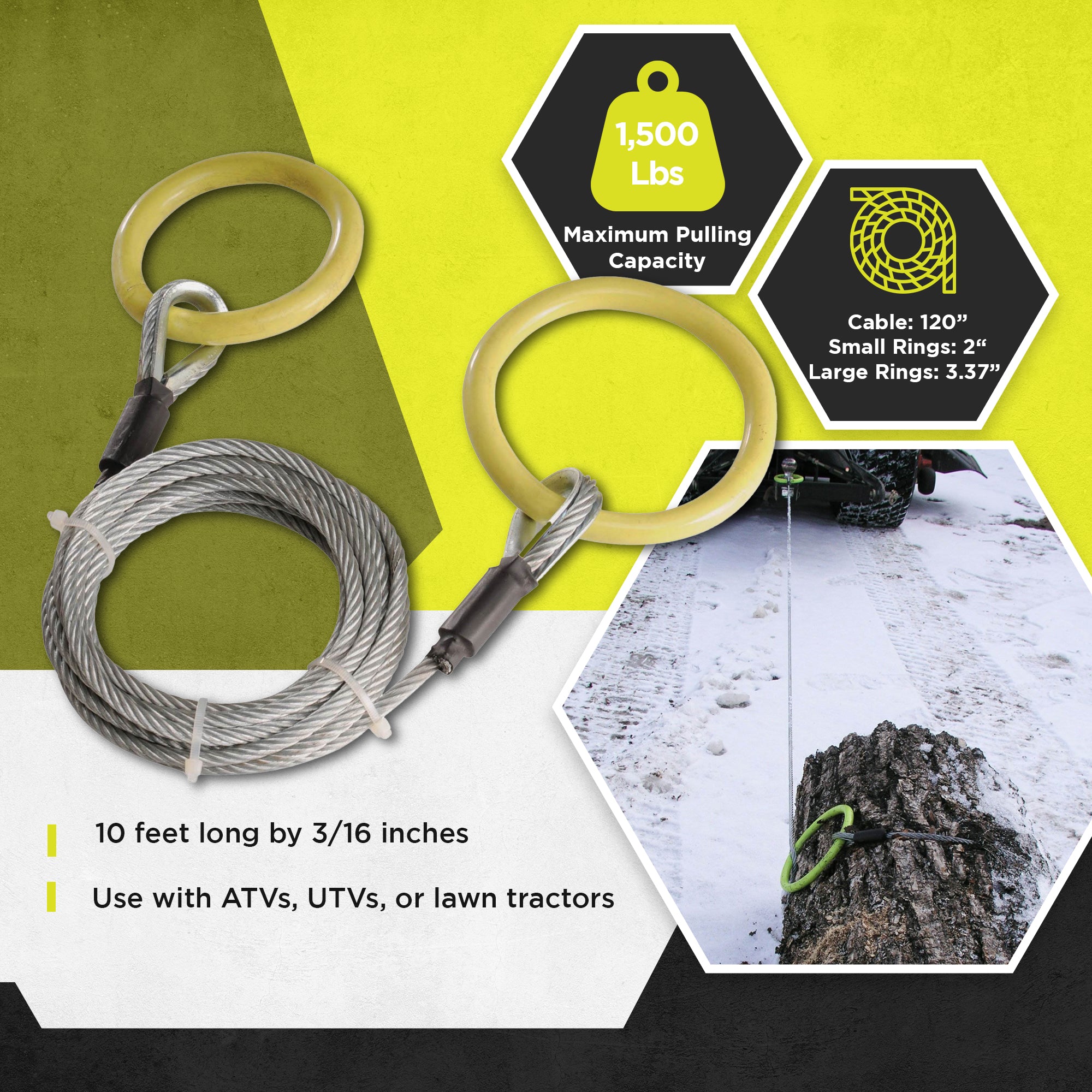 Timber Tuff TMW-38 ATV and UTV Heavy Duty Log Lumber Choker Cable with Tow Rings