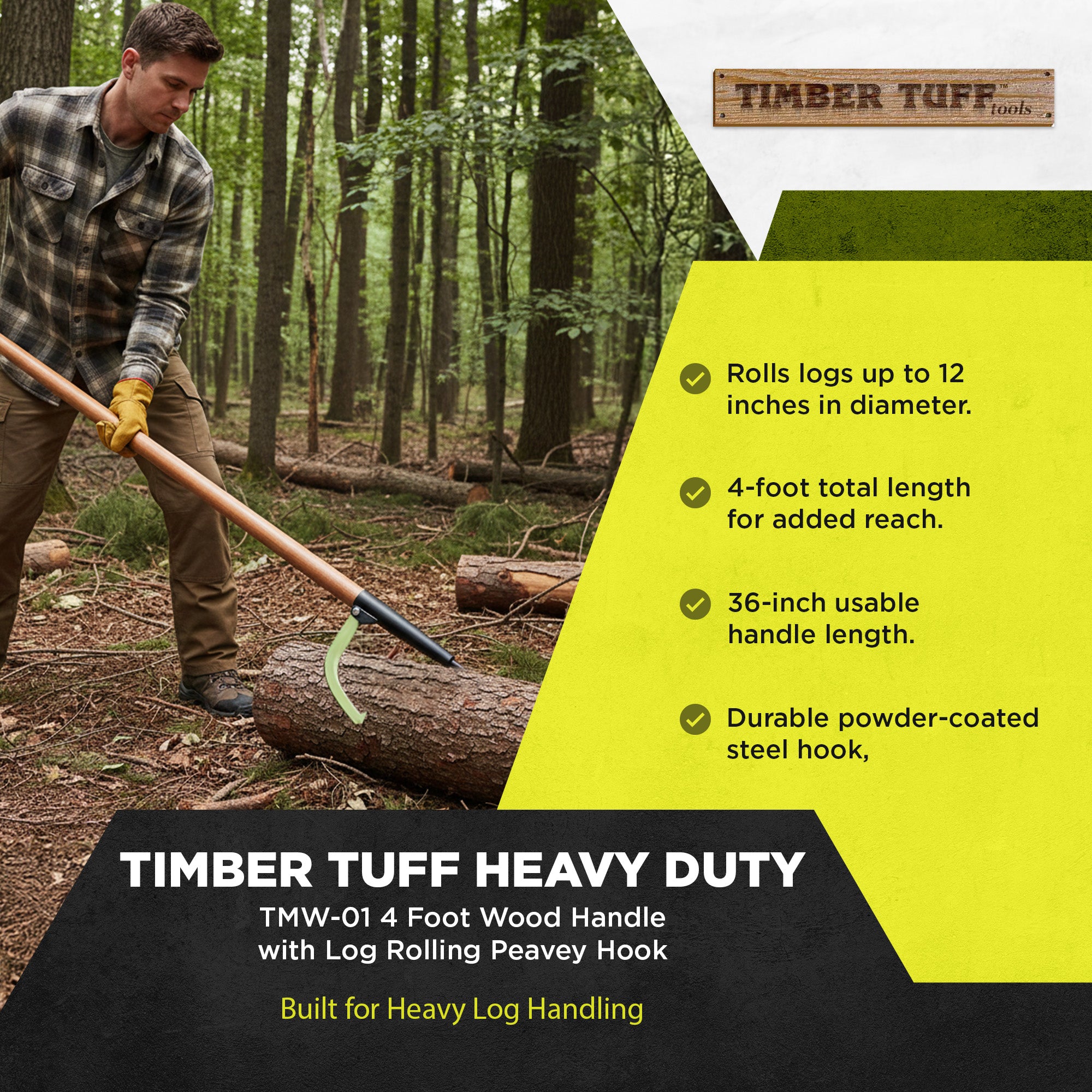 Timber Tuff TMW-01 4 Foot Wood Handle Logging Forestry Log Rolling Peavey Hook