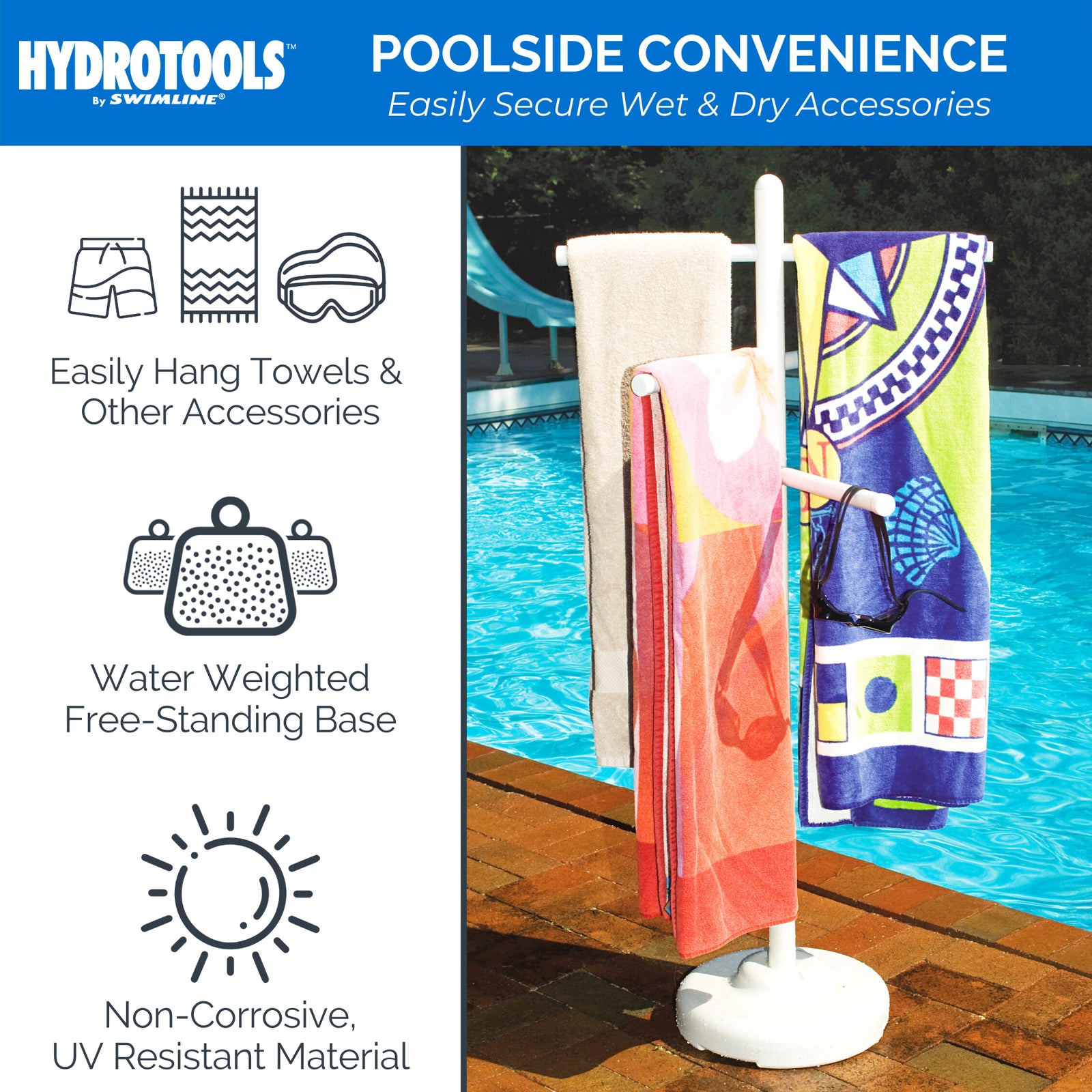 Swimline 89032 52" Tall 3-Arm Free Standing Poolside Towel Accessory Rack, White - VMInnovations