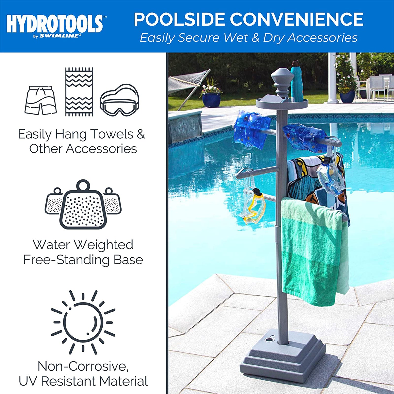 Swimline 89033 55" Tall 3-Arm Free Standing Poolside Towel Accessory Rack, Blue - VMInnovations