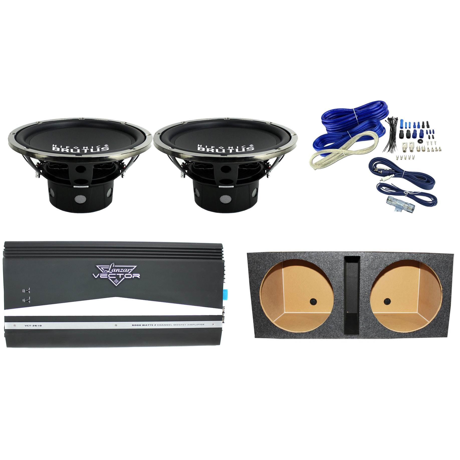 Hifonics Brutus 1200W DVC Subwoofer (Pair) + 6000W Amp + Wiring Kit + Enclosure