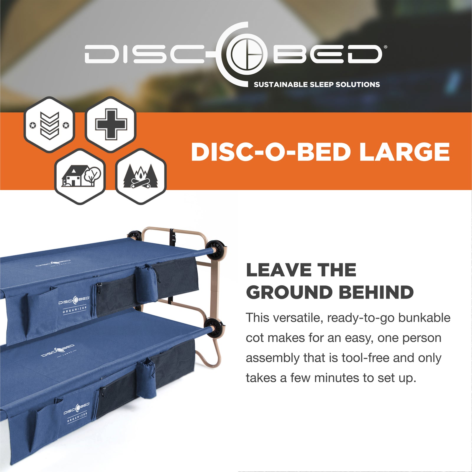 Disc-O-Bed Large Cam-O-Bunk Benchable Double Cot with Storage Organizers, Navy - VMInnovations
