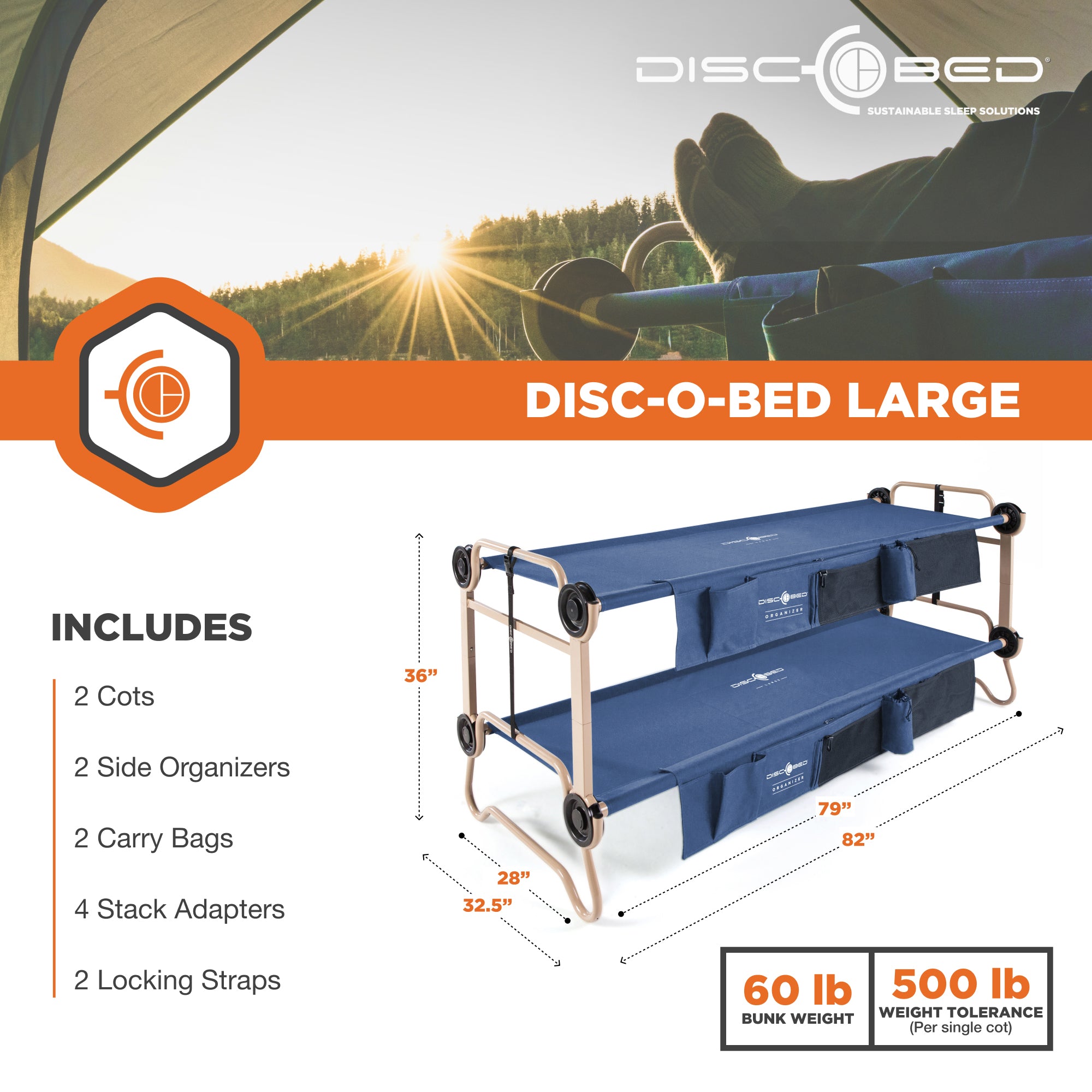 Disc-O-Bed Large Cam-O-Bunk Bunked Double Cot w/ Organizers, Navy Blue(Open Box) - VMInnovations