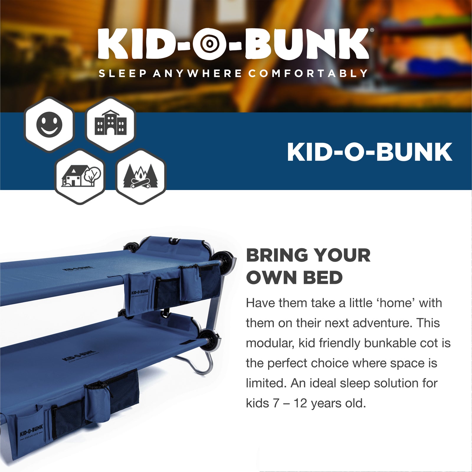 Disc-O-Bed Youth Kid-O-Bunk Camping Cot with Organizers, Navy Blue (Used) - VMInnovations