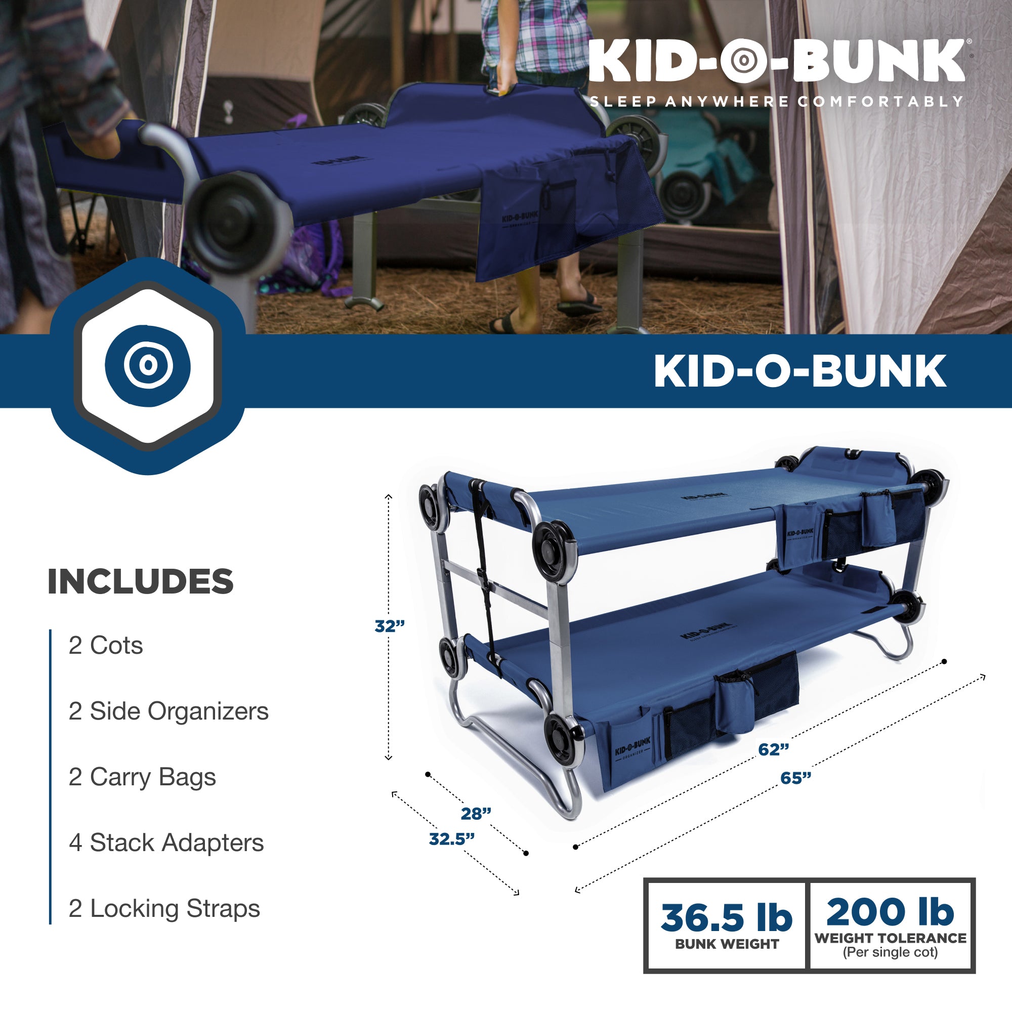 Disc-O-Bed Youth Kid-O-Bunk Camping Cot with Organizers, Navy Blue (Used) - VMInnovations