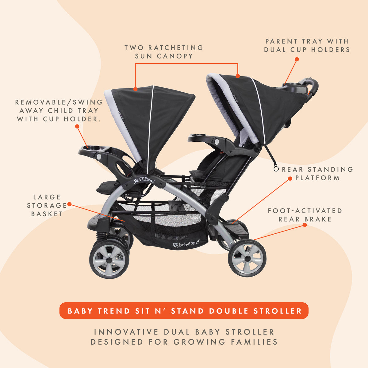 Baby Trend Sit-N-Stand Twin Tandem 2-Seat Double Stroller, Stormy (Open Box)