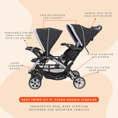 Baby Trend Sit N' Stand Easy Fold Travel Toddler & Baby Double Stroller, Stormy (Refurbished)