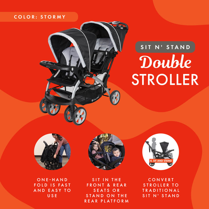 Baby Trend Sit N' Stand Easy Fold Travel Toddler & Baby Double Stroller, Stormy