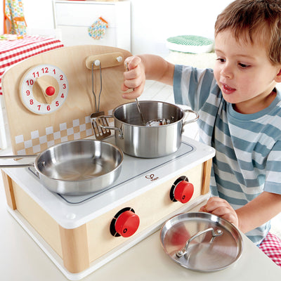 Hape 2-in-1 Pretend Play Wooden Tabletop Kitchen & Grill Set with Accessories