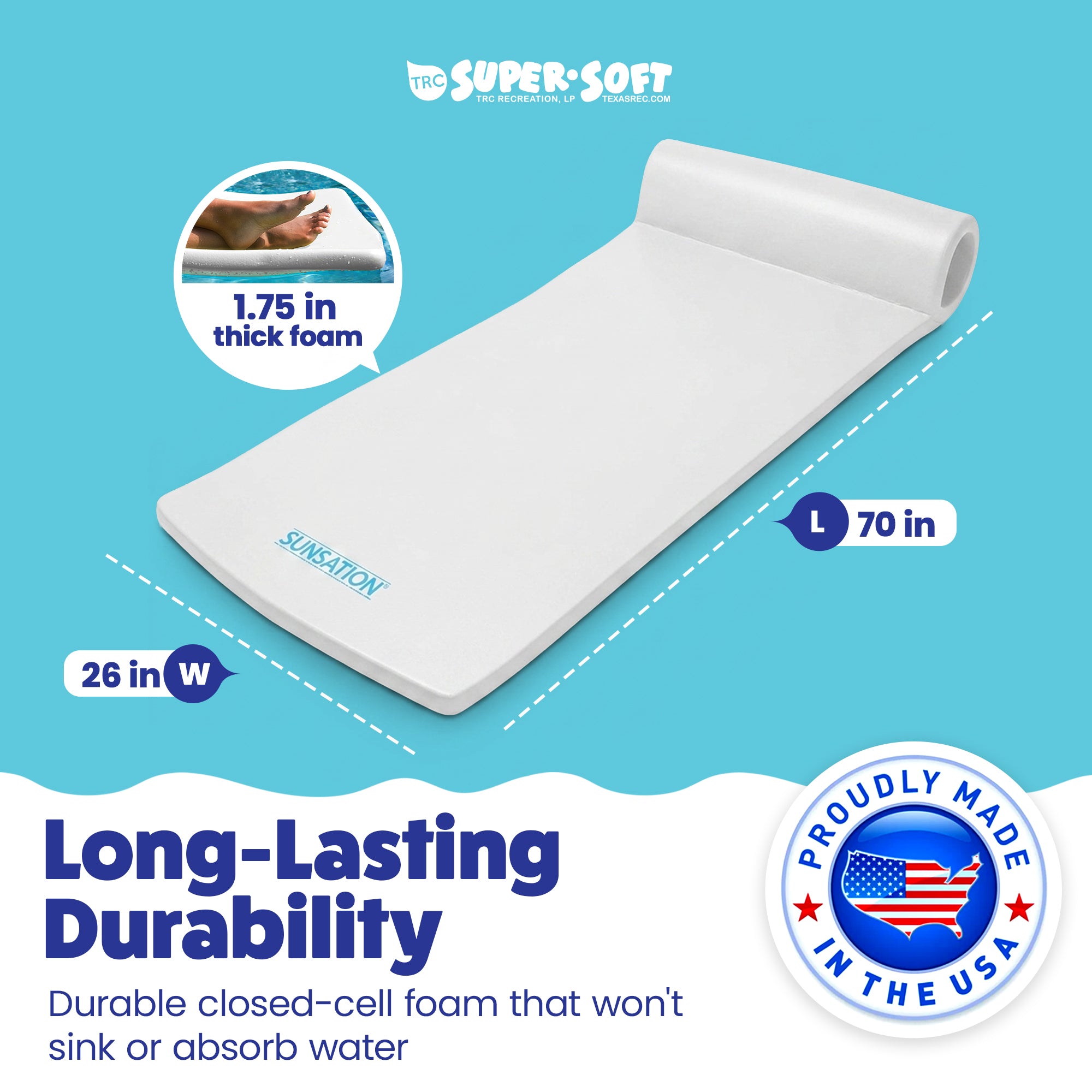 TRC Recreation Sunsation 1.75" Thick Foam Lounger Pool Float, White (Open Box)