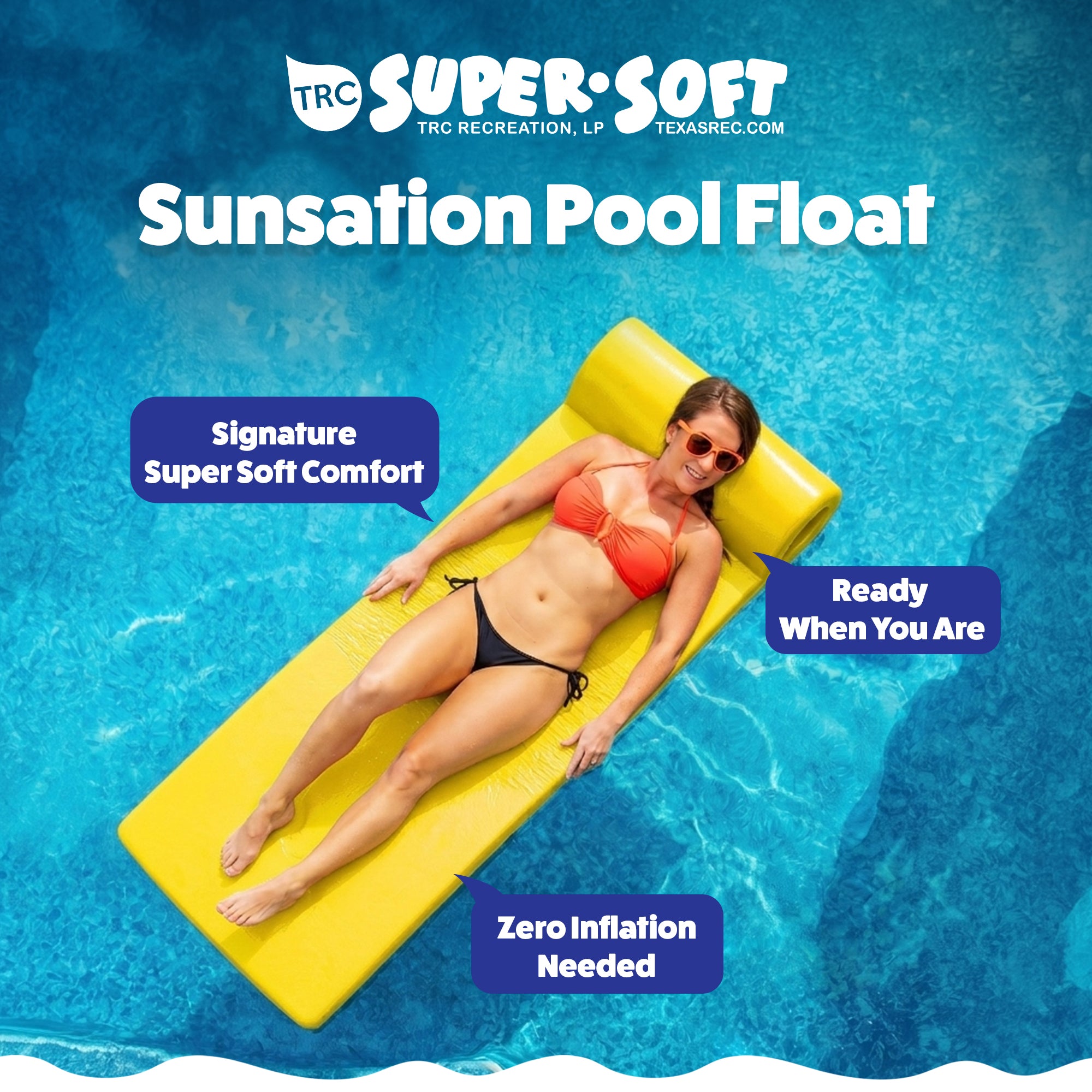 Texas Recreation Sunsation 70 Inch Foam Raft Lounger Pool Float, Yellow (2 Pack) - VMInnovations