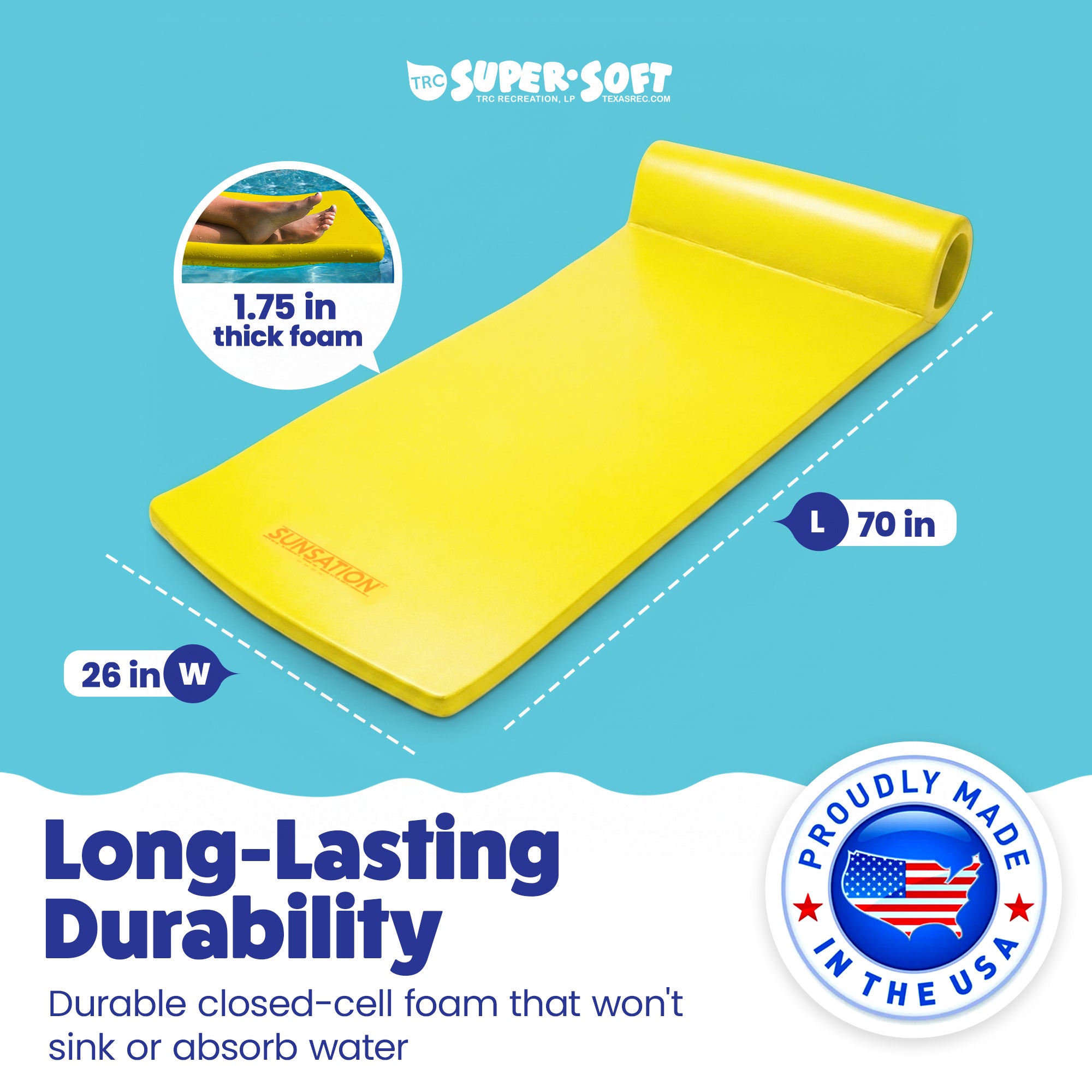 Texas Recreation Sunsation 70 Inch Foam Raft Lounger Pool Float, Yellow (2 Pack) - VMInnovations