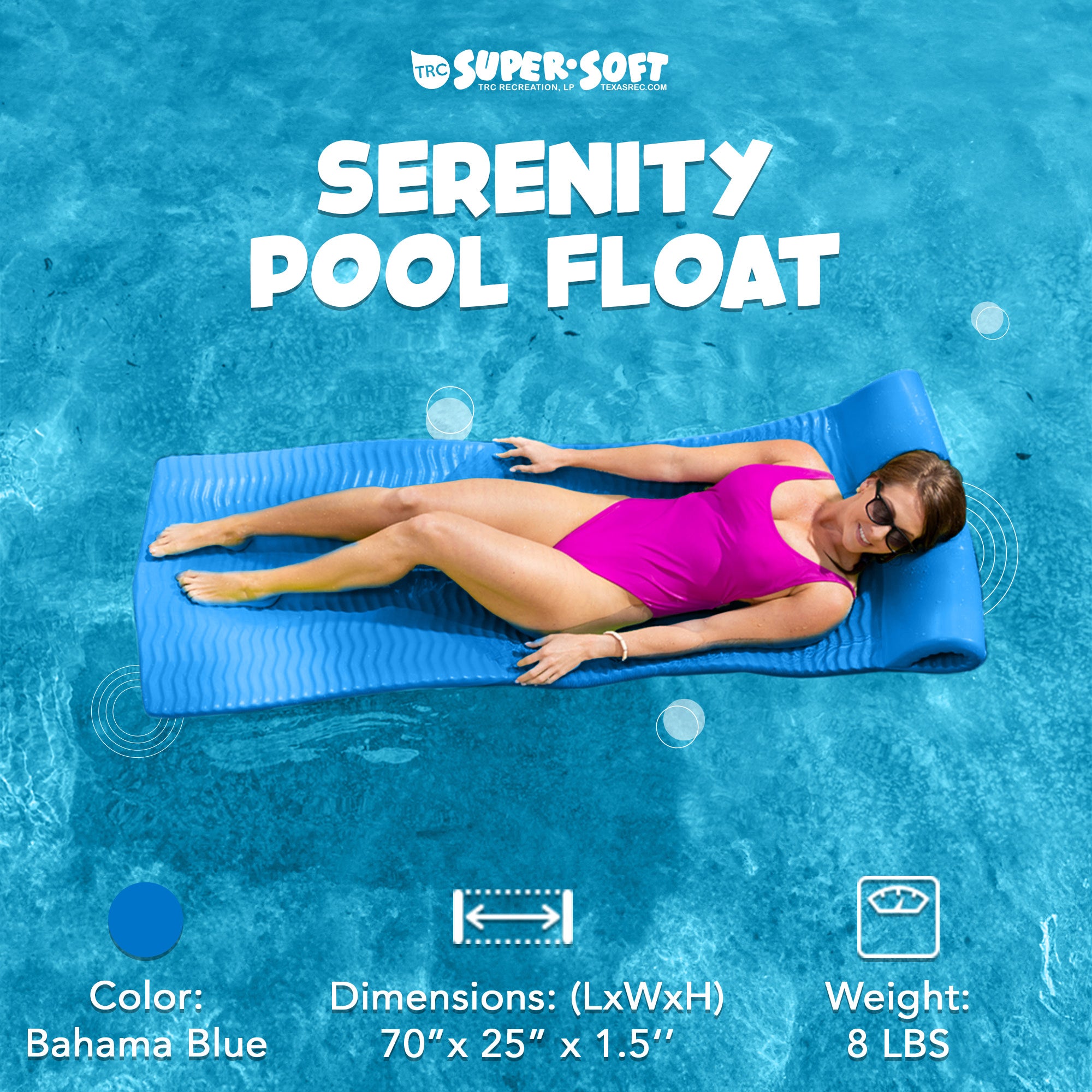 TRC Recreation Serenity 1.5" Thick Foam Pool Float Mat, Bahama Blue (Open Box)