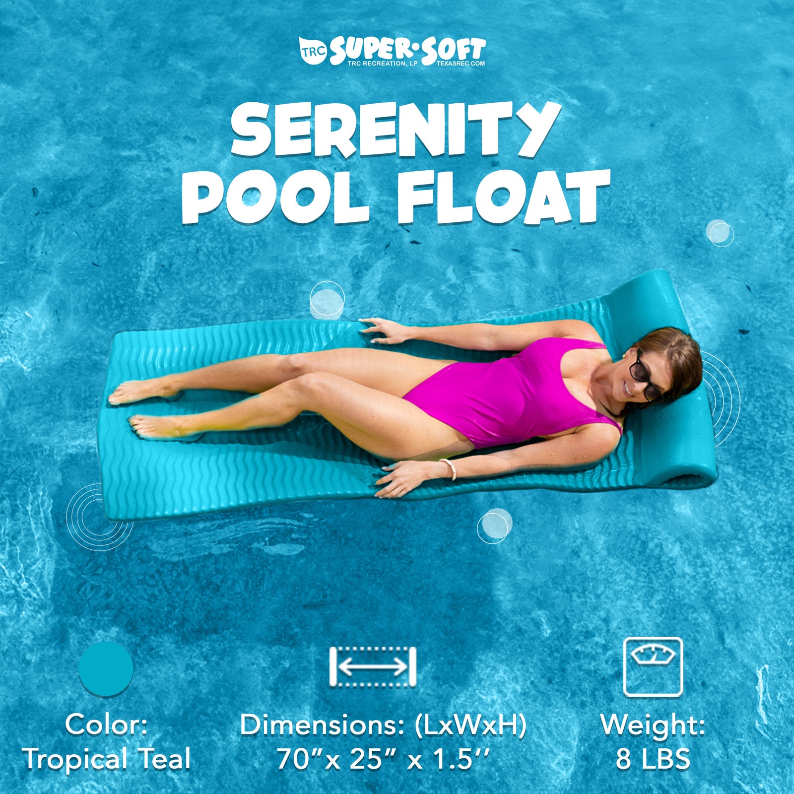TRC Recreation Serenity 1.5" Thick Vinyl Swimming Pool Float Mat, Tropical Teal - VMInnovations