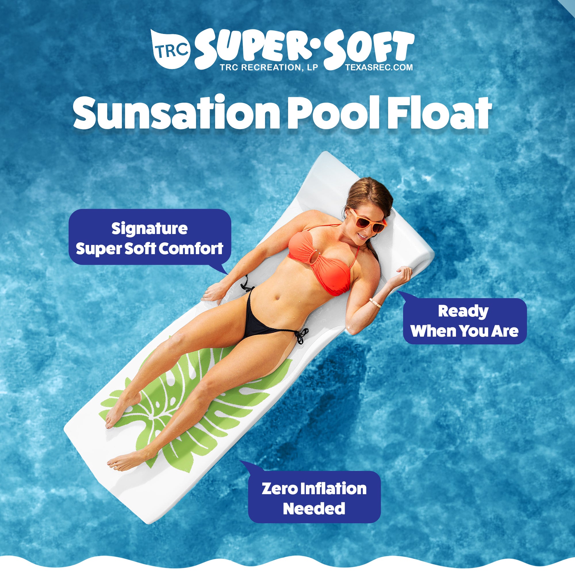 TRC Recreation Sunsation 1.75" Thick Foam Lounger Raft Pool Float, Green Leaf