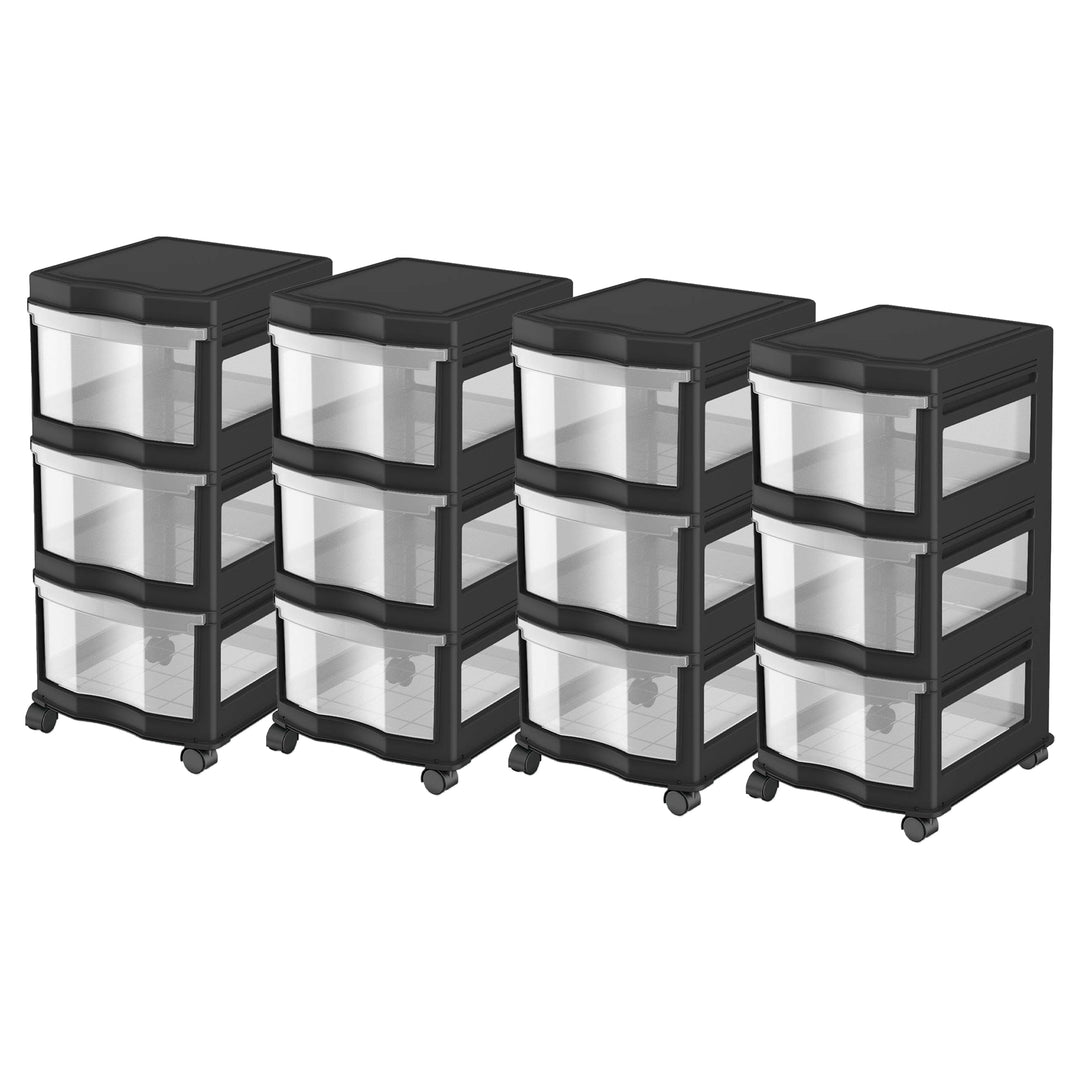 Life Story Classic 3 Shelf Storage Organizer Plastic Drawers, Black (4 Pack)