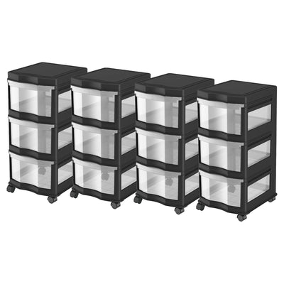 Life Story Classic 3 Shelf Storage Organizer Plastic Drawers, Black (4 Pack)