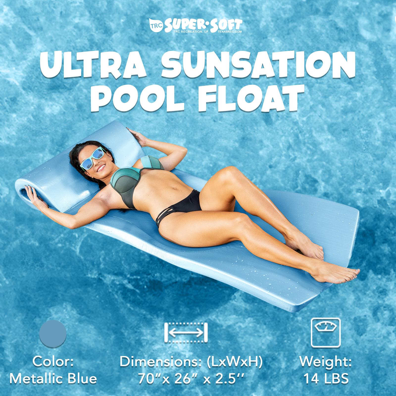 TRC Recreation Ultra Sunsation 2.5 Inch Thick Foam Pool Float Mat, Metallic Blue - VMInnovations